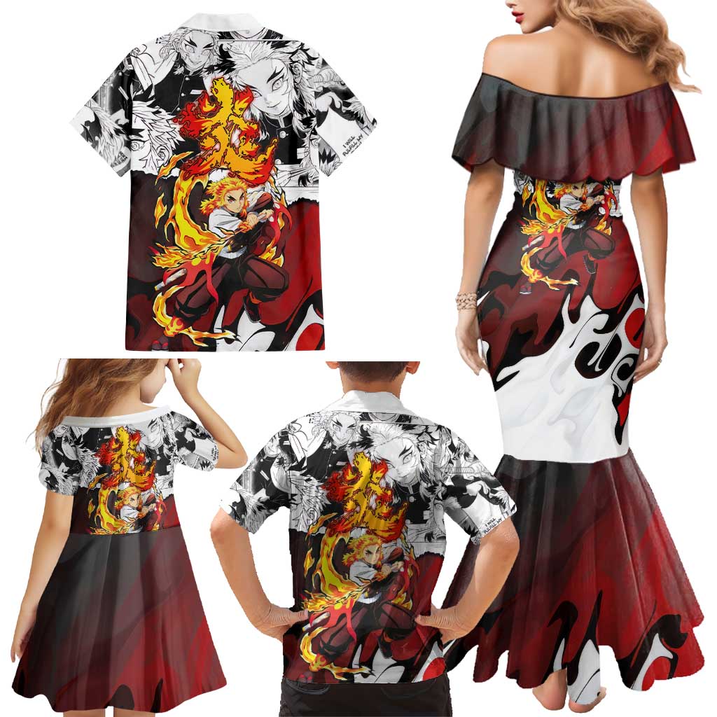 Kyojuro Rengoku Demon Slayer Flame Hashira Design Family Matching Mermaid Dress and Hawaiian Shirt with Manga Panels and Fiery Sword Artwork