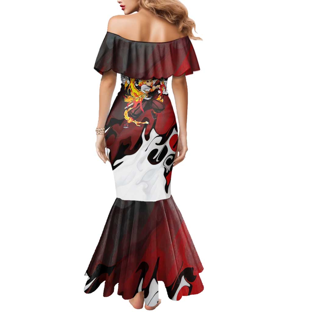 Kyojuro Rengoku Demon Slayer Flame Hashira Design Family Matching Mermaid Dress and Hawaiian Shirt with Manga Panels and Fiery Sword Artwork
