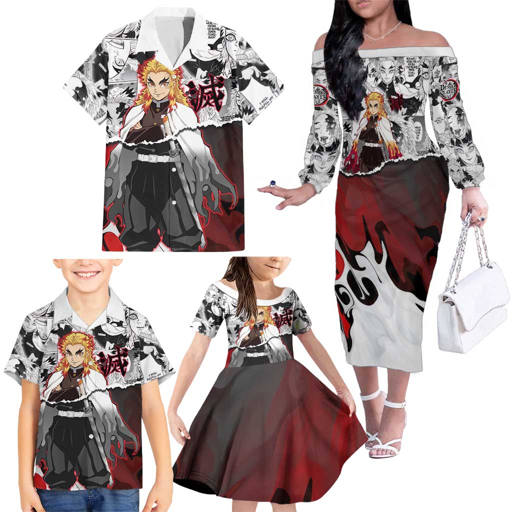 Kyojuro Rengoku Demon Slayer Flame Hashira Design Family Matching Off The Shoulder Long Sleeve Dress and Hawaiian Shirt with Manga Panels and Fiery Sword Artwork