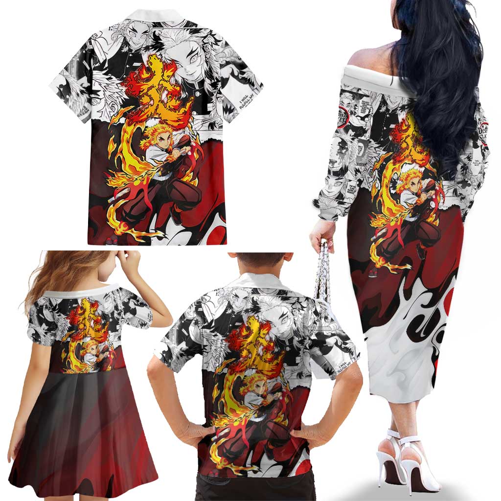 Kyojuro Rengoku Demon Slayer Flame Hashira Design Family Matching Off The Shoulder Long Sleeve Dress and Hawaiian Shirt with Manga Panels and Fiery Sword Artwork