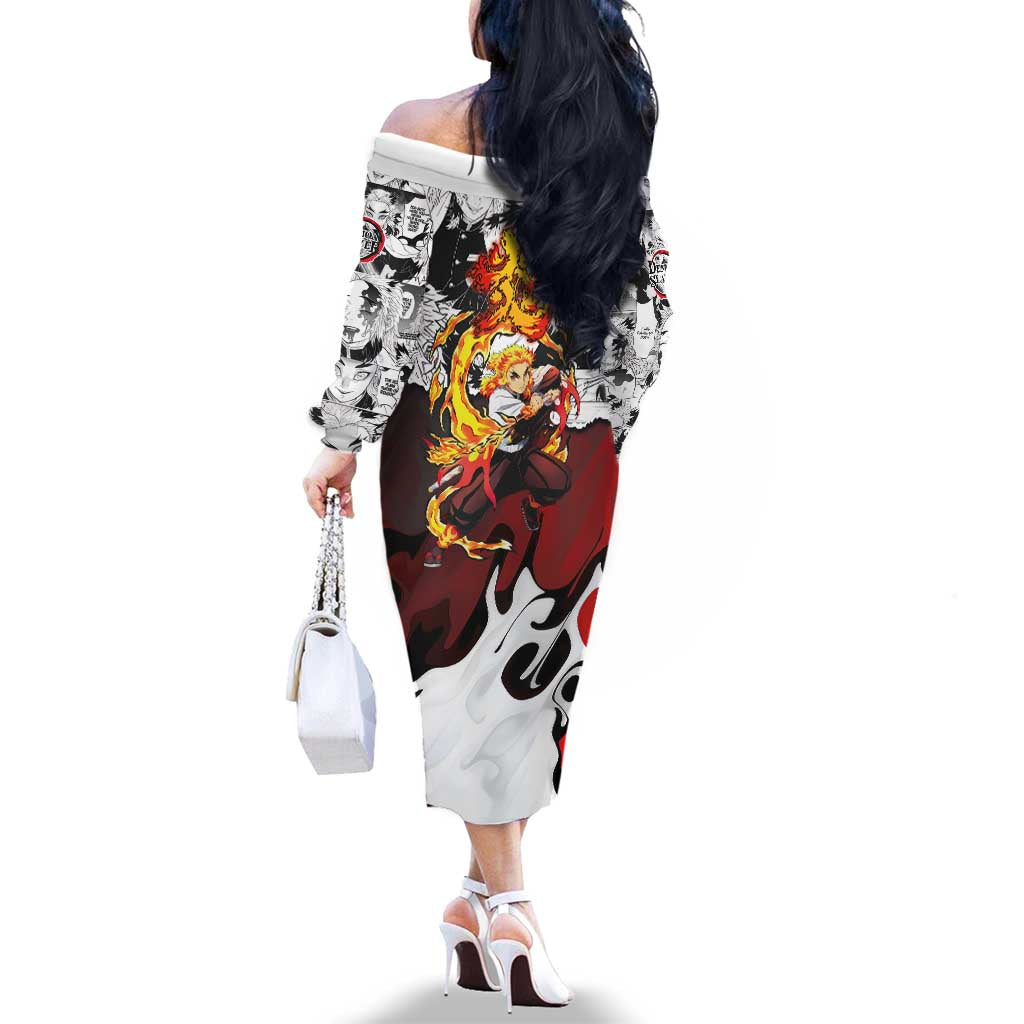 Kyojuro Rengoku Demon Slayer Flame Hashira Design Family Matching Off The Shoulder Long Sleeve Dress and Hawaiian Shirt with Manga Panels and Fiery Sword Artwork