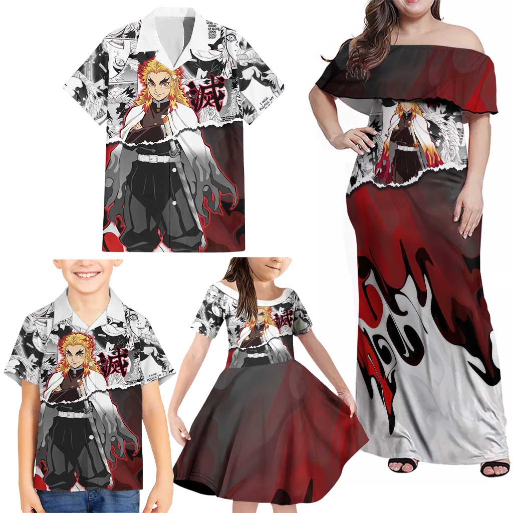 Kyojuro Rengoku Demon Slayer Flame Hashira Design Family Matching Off Shoulder Maxi Dress and Hawaiian Shirt with Manga Panels and Fiery Sword Artwork
