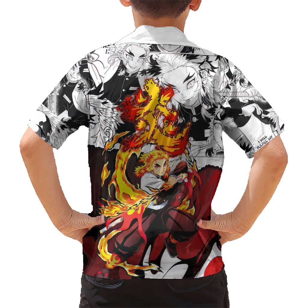 Kyojuro Rengoku Demon Slayer Flame Hashira Design Family Matching Off Shoulder Maxi Dress and Hawaiian Shirt with Manga Panels and Fiery Sword Artwork