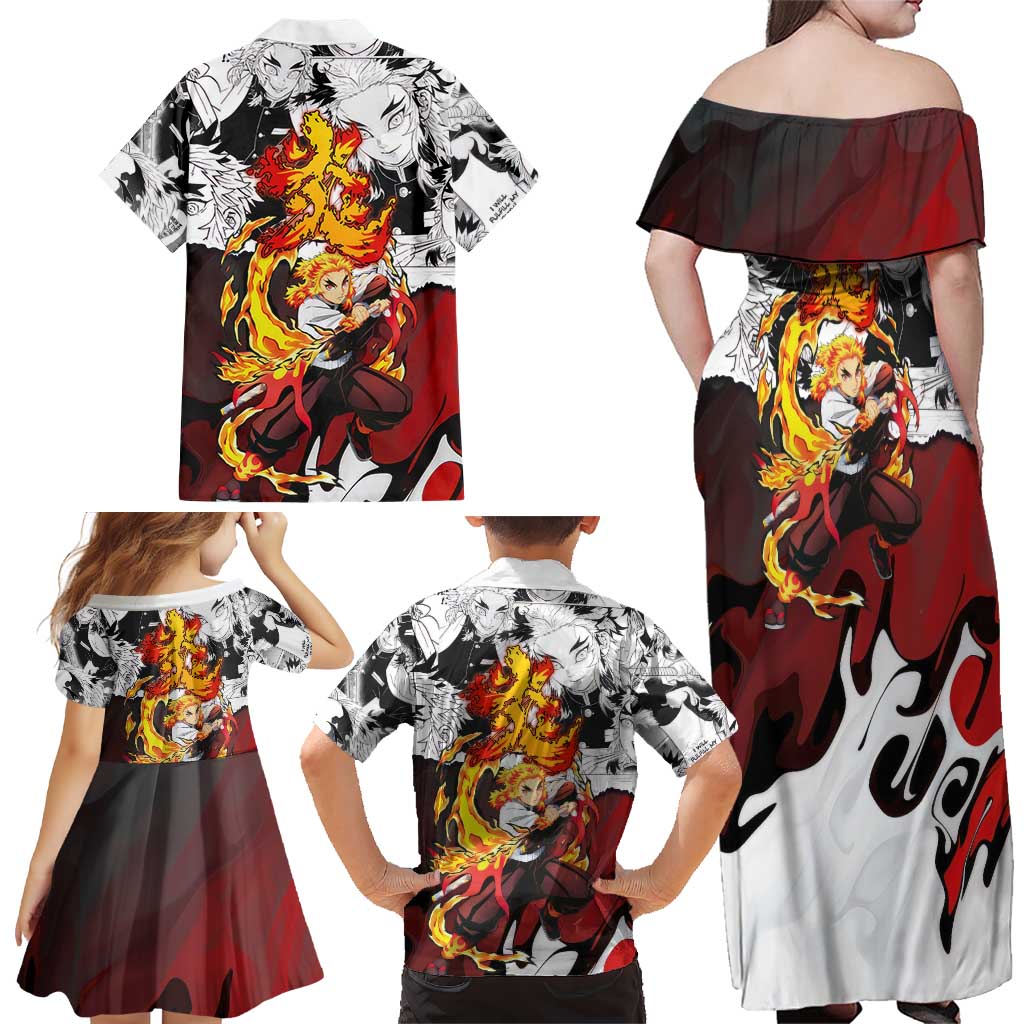 Kyojuro Rengoku Demon Slayer Flame Hashira Design Family Matching Off Shoulder Maxi Dress and Hawaiian Shirt with Manga Panels and Fiery Sword Artwork