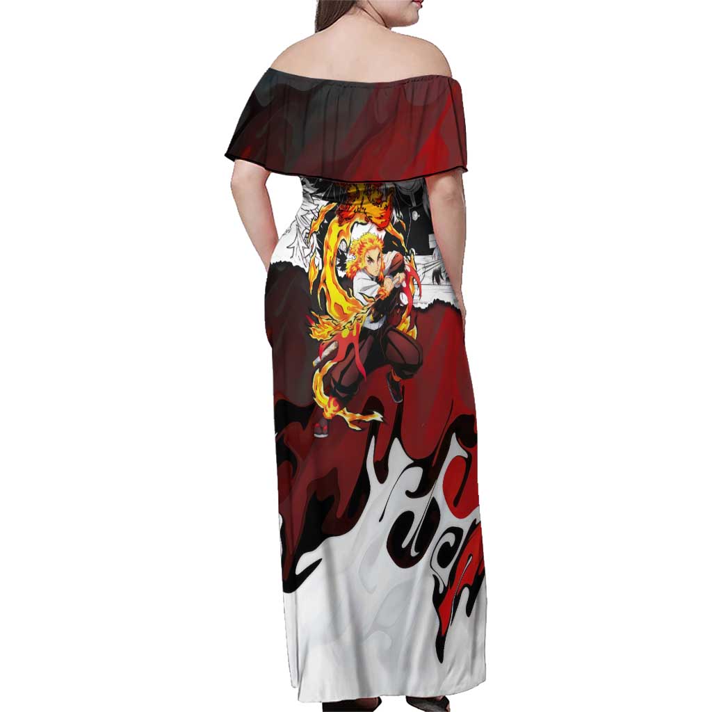 Kyojuro Rengoku Demon Slayer Flame Hashira Design Family Matching Off Shoulder Maxi Dress and Hawaiian Shirt with Manga Panels and Fiery Sword Artwork