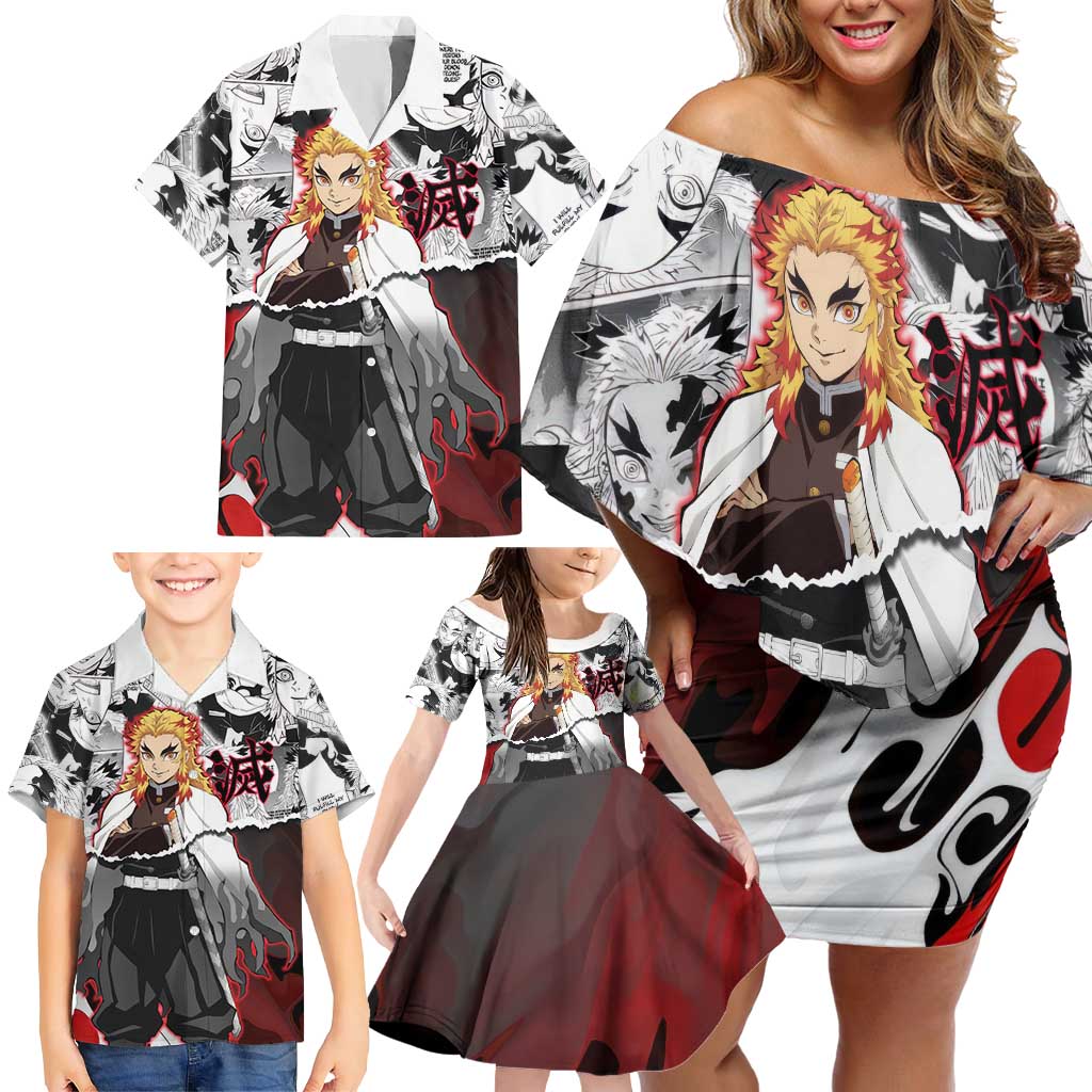 Kyojuro Rengoku Demon Slayer Flame Hashira Design Family Matching Off Shoulder Short Dress and Hawaiian Shirt with Manga Panels and Fiery Sword Artwork