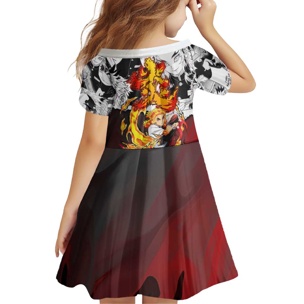 Kyojuro Rengoku Demon Slayer Flame Hashira Design Family Matching Off Shoulder Short Dress and Hawaiian Shirt with Manga Panels and Fiery Sword Artwork