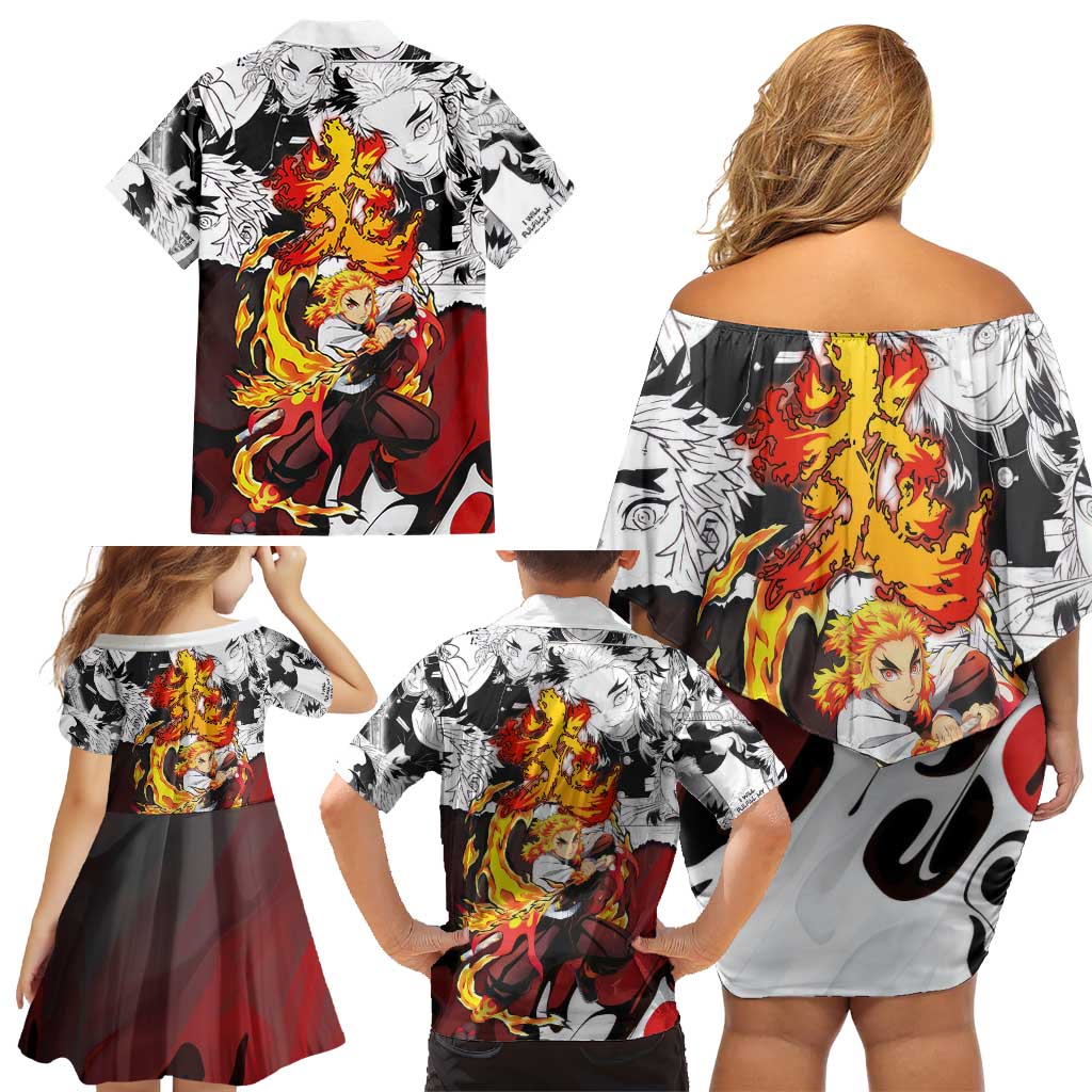 Kyojuro Rengoku Demon Slayer Flame Hashira Design Family Matching Off Shoulder Short Dress and Hawaiian Shirt with Manga Panels and Fiery Sword Artwork