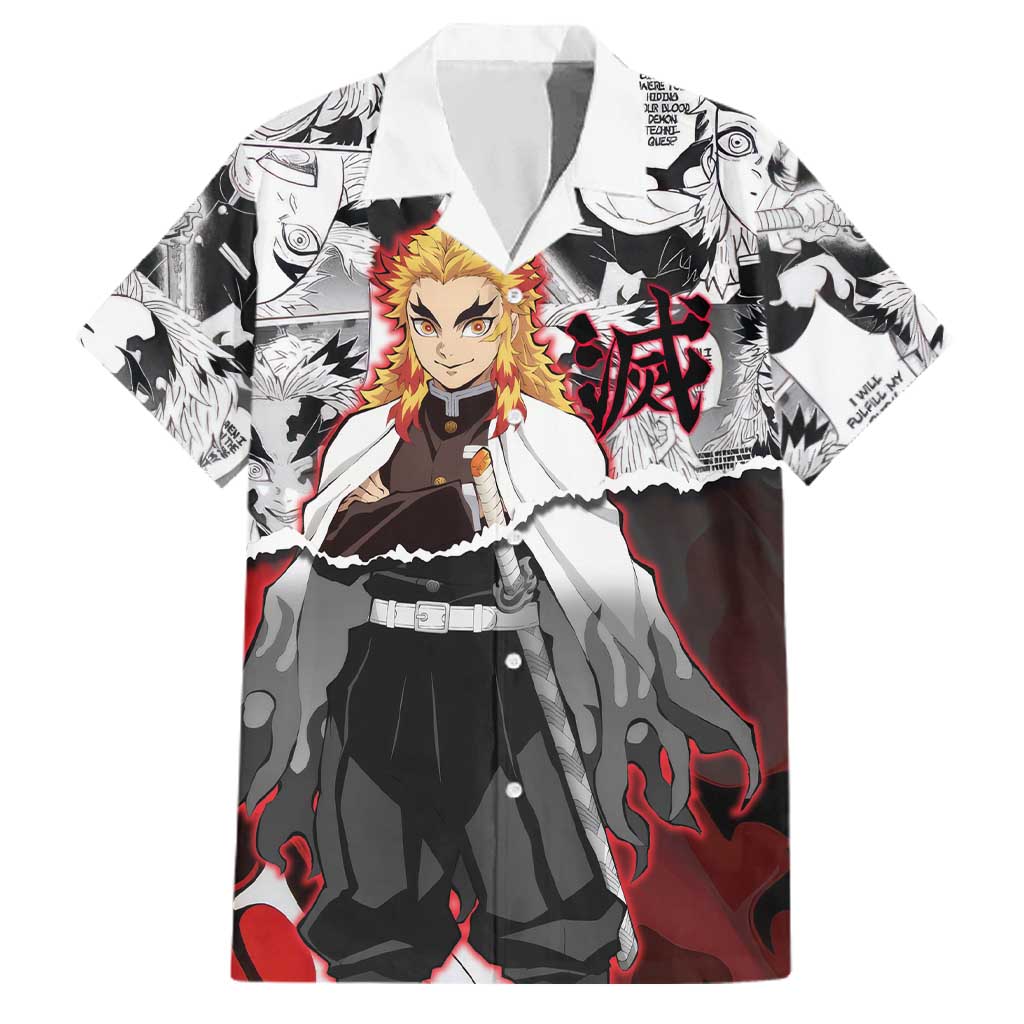 Kyojuro Rengoku Demon Slayer Flame Hashira Design Family Matching Off Shoulder Short Dress and Hawaiian Shirt with Manga Panels and Fiery Sword Artwork