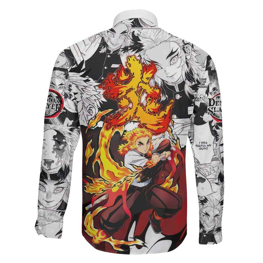 Kyojuro Rengoku Demon Slayer Flame Hashira Design Family Matching Off Shoulder Short Dress and Hawaiian Shirt with Manga Panels and Fiery Sword Artwork