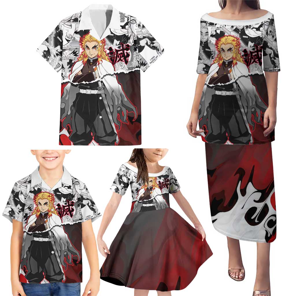 Kyojuro Rengoku Demon Slayer Flame Hashira Design Family Matching Puletasi and Hawaiian Shirt with Manga Panels and Fiery Sword Artwork