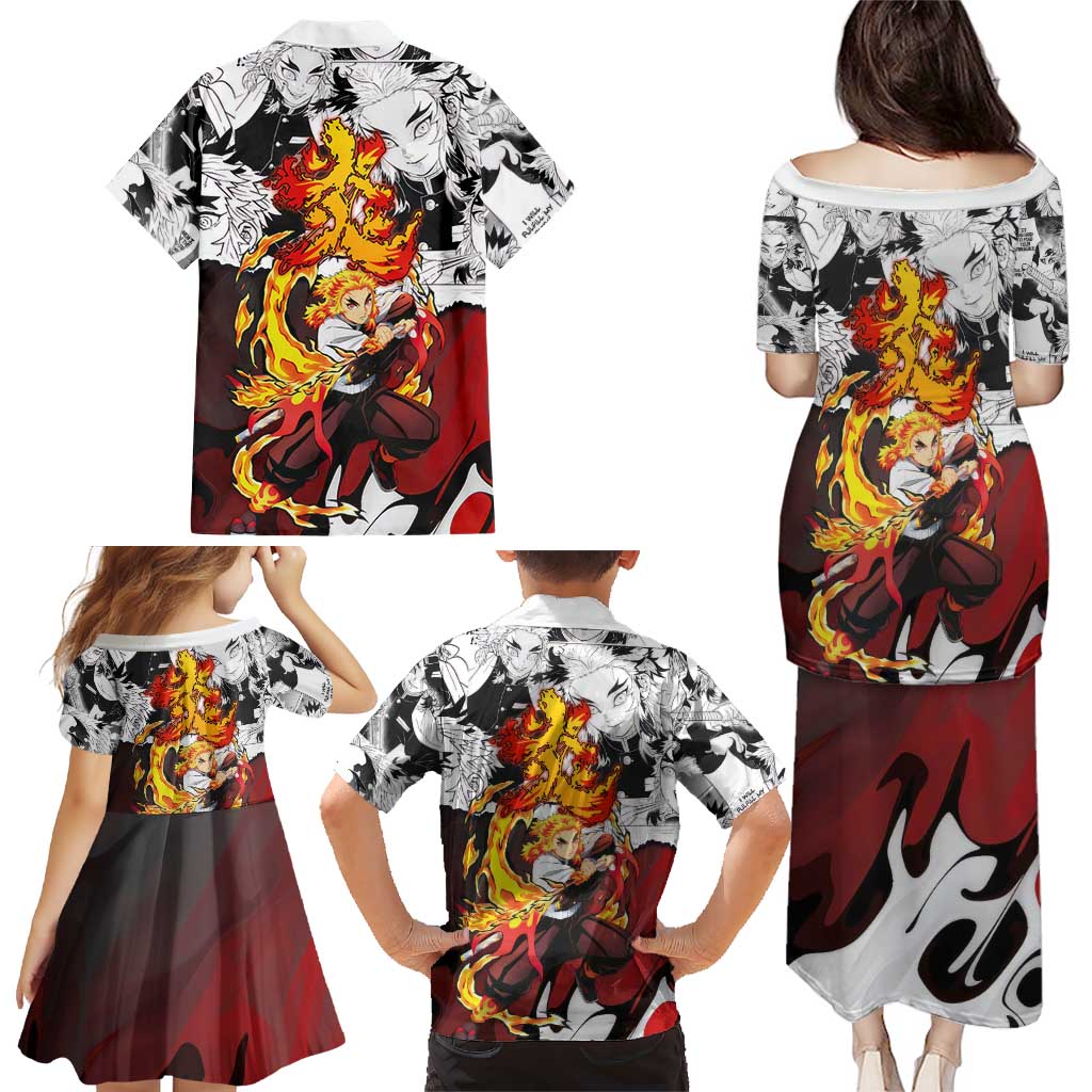 Kyojuro Rengoku Demon Slayer Flame Hashira Design Family Matching Puletasi and Hawaiian Shirt with Manga Panels and Fiery Sword Artwork