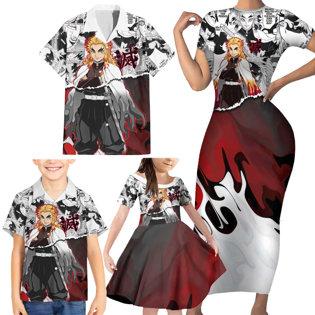 Kyojuro Rengoku Demon Slayer Flame Hashira Design Family Matching Short Sleeve Bodycon Dress and Hawaiian Shirt with Manga Panels and Fiery Sword Artwork