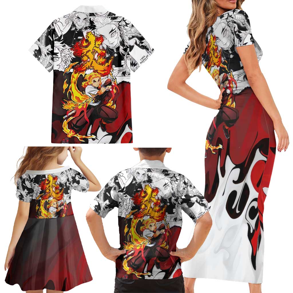 Kyojuro Rengoku Demon Slayer Flame Hashira Design Family Matching Short Sleeve Bodycon Dress and Hawaiian Shirt with Manga Panels and Fiery Sword Artwork