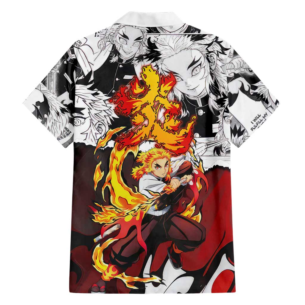 Kyojuro Rengoku Demon Slayer Flame Hashira Design Family Matching Short Sleeve Bodycon Dress and Hawaiian Shirt with Manga Panels and Fiery Sword Artwork