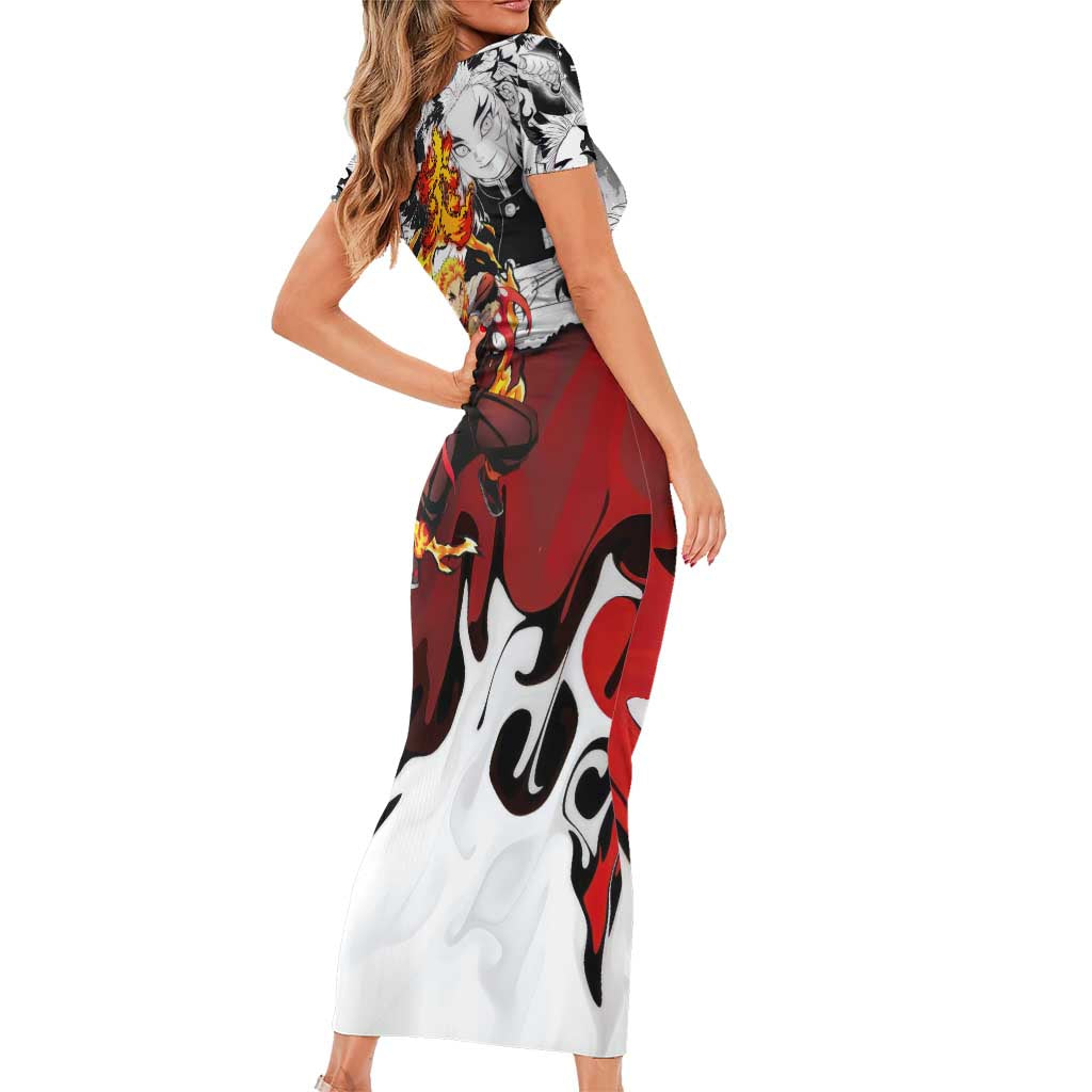 Kyojuro Rengoku Demon Slayer Flame Hashira Design Family Matching Short Sleeve Bodycon Dress and Hawaiian Shirt with Manga Panels and Fiery Sword Artwork