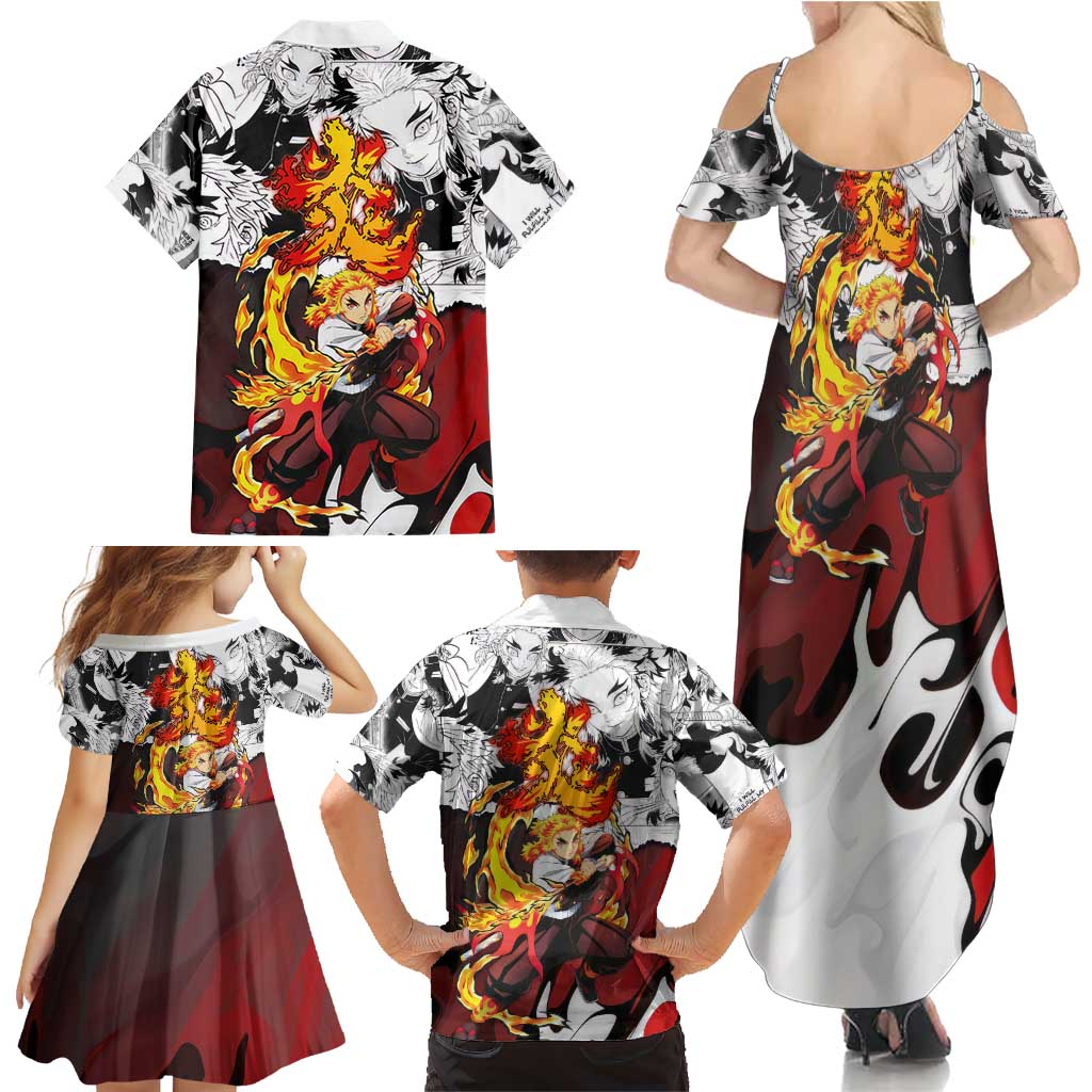Kyojuro Rengoku Demon Slayer Flame Hashira Design Family Matching Summer Maxi Dress and Hawaiian Shirt with Manga Panels and Fiery Sword Artwork