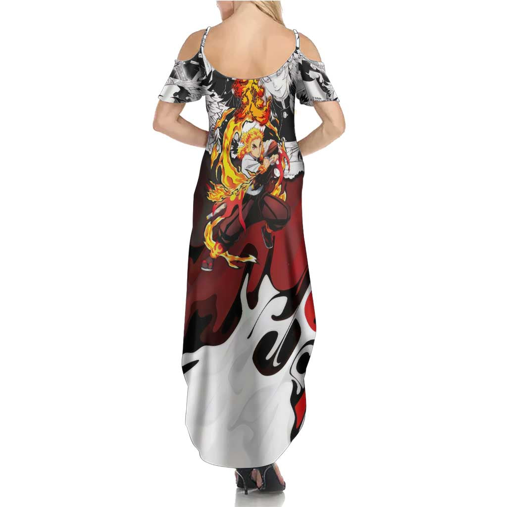 Kyojuro Rengoku Demon Slayer Flame Hashira Design Family Matching Summer Maxi Dress and Hawaiian Shirt with Manga Panels and Fiery Sword Artwork