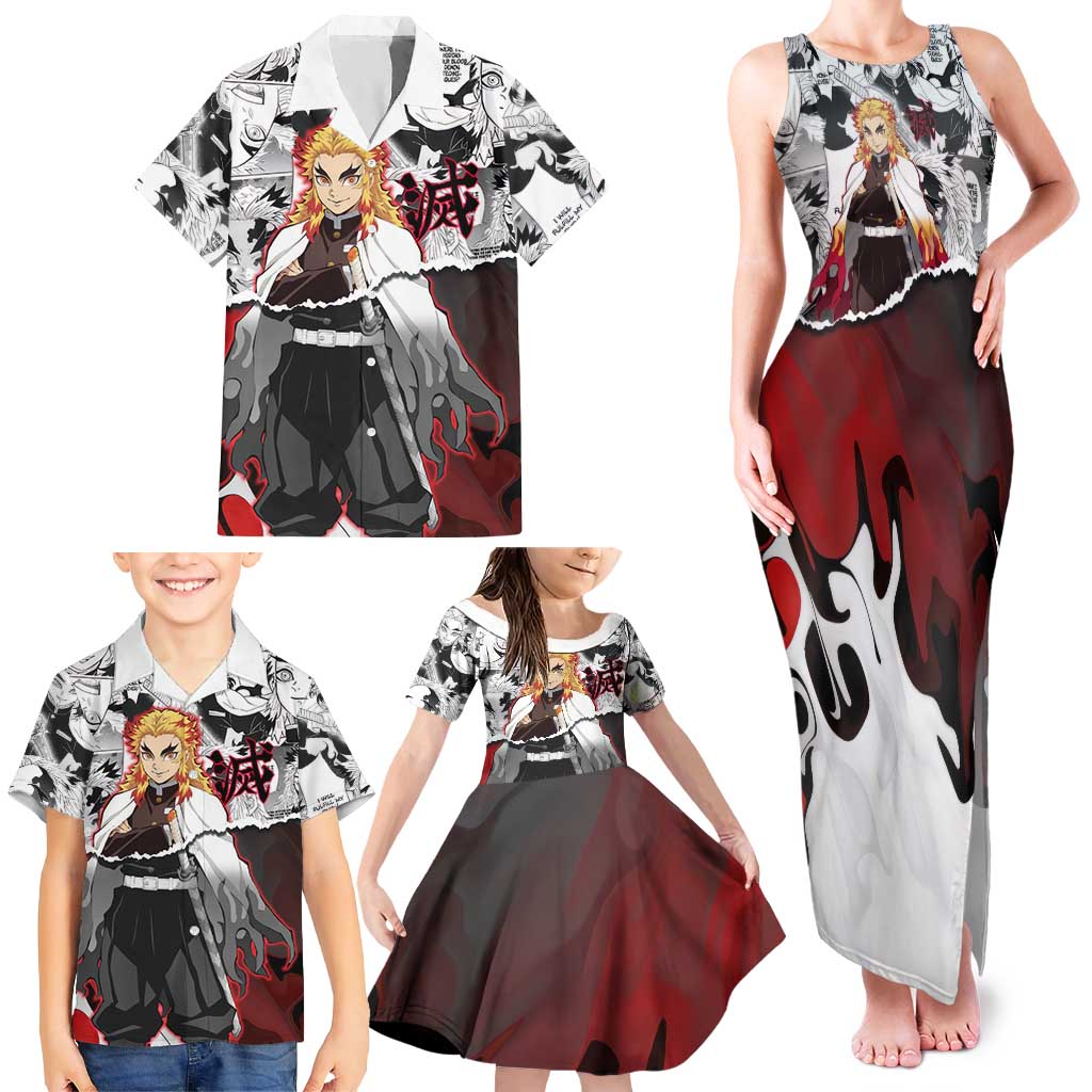 Kyojuro Rengoku Demon Slayer Flame Hashira Design Family Matching Tank Maxi Dress and Hawaiian Shirt with Manga Panels and Fiery Sword Artwork