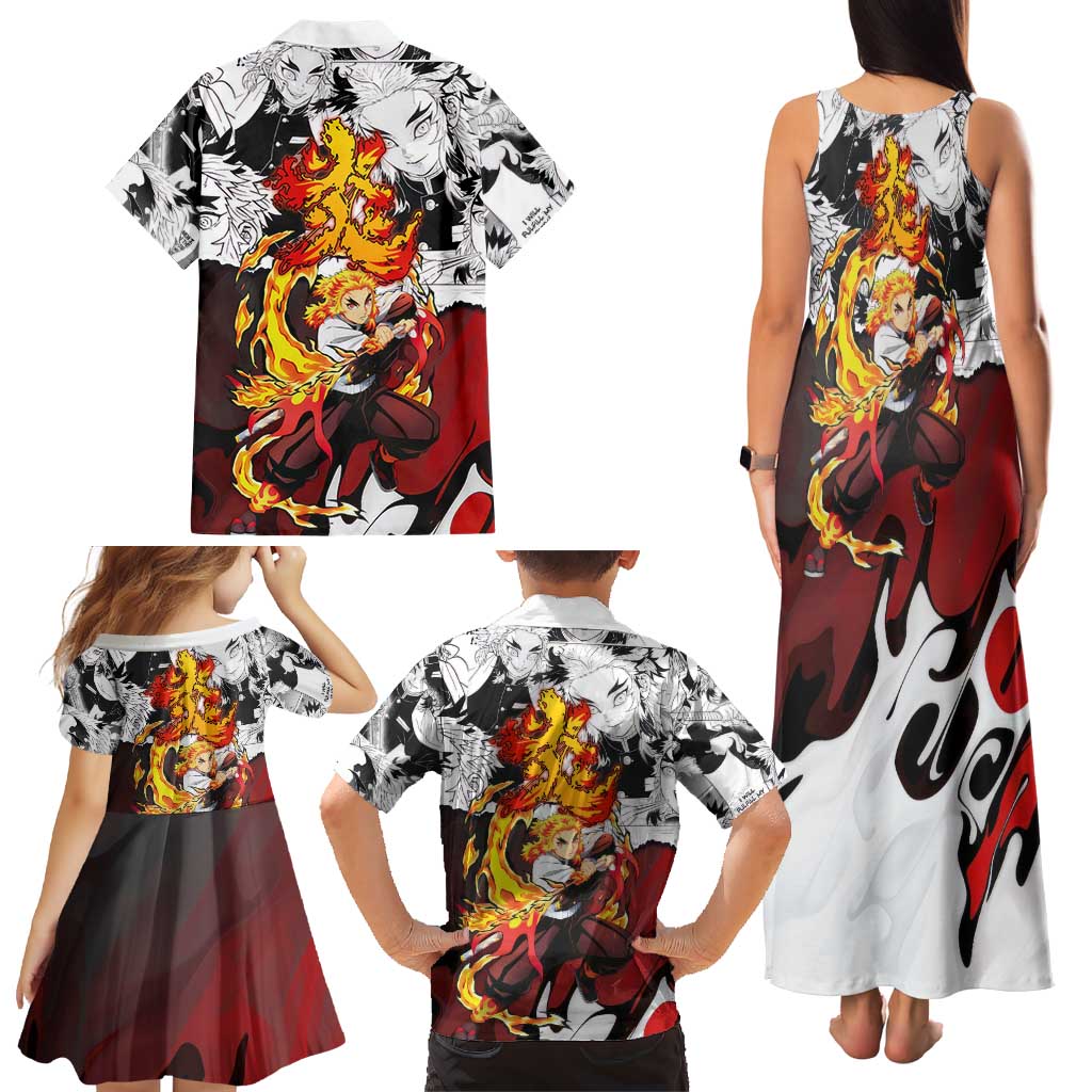 Kyojuro Rengoku Demon Slayer Flame Hashira Design Family Matching Tank Maxi Dress and Hawaiian Shirt with Manga Panels and Fiery Sword Artwork