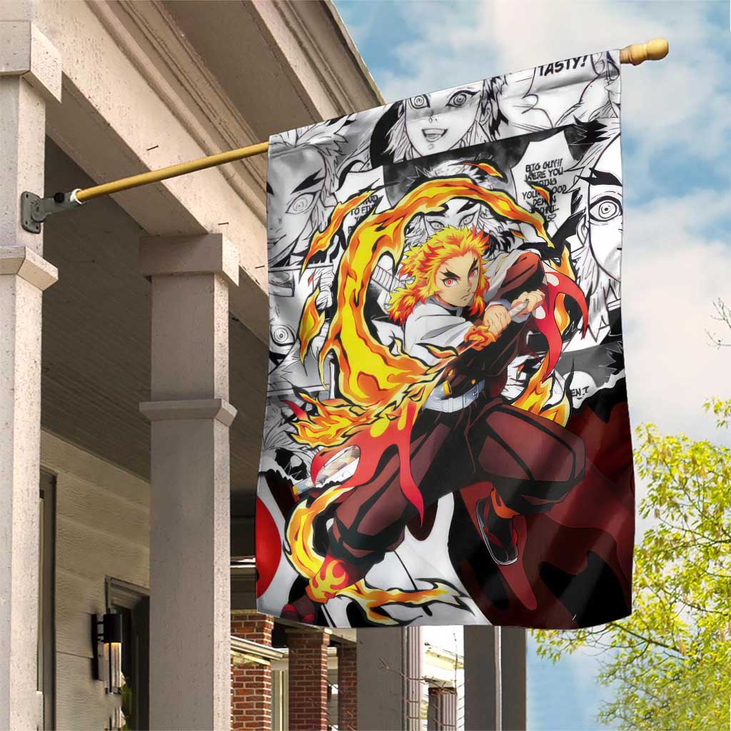 Kyojuro Rengoku Demon Slayer Flame Hashira Design Garden Flag with Manga Panels and Fiery Sword Artwork - The Mazicc
