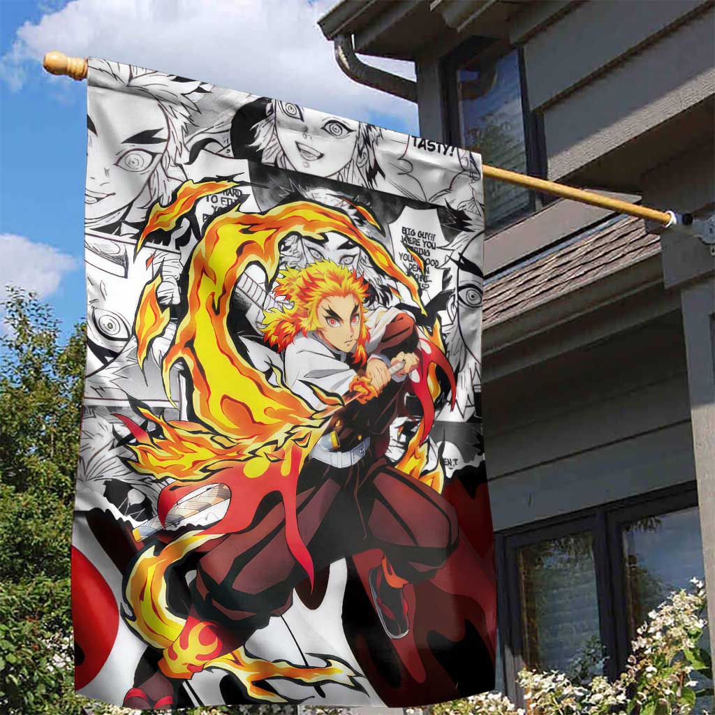 Kyojuro Rengoku Demon Slayer Flame Hashira Design Garden Flag with Manga Panels and Fiery Sword Artwork - The Mazicc
