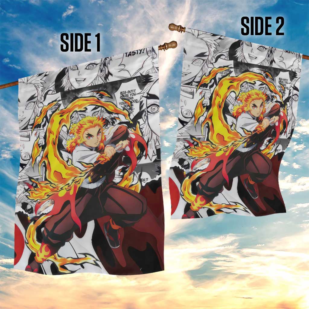 Kyojuro Rengoku Demon Slayer Flame Hashira Design Garden Flag with Manga Panels and Fiery Sword Artwork - The Mazicc
