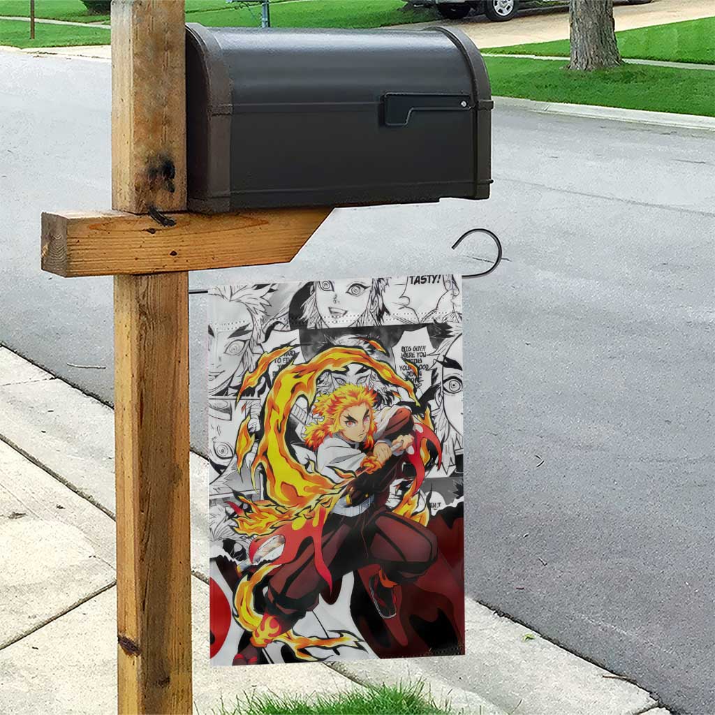 Kyojuro Rengoku Demon Slayer Flame Hashira Design Garden Flag with Manga Panels and Fiery Sword Artwork - The Mazicc