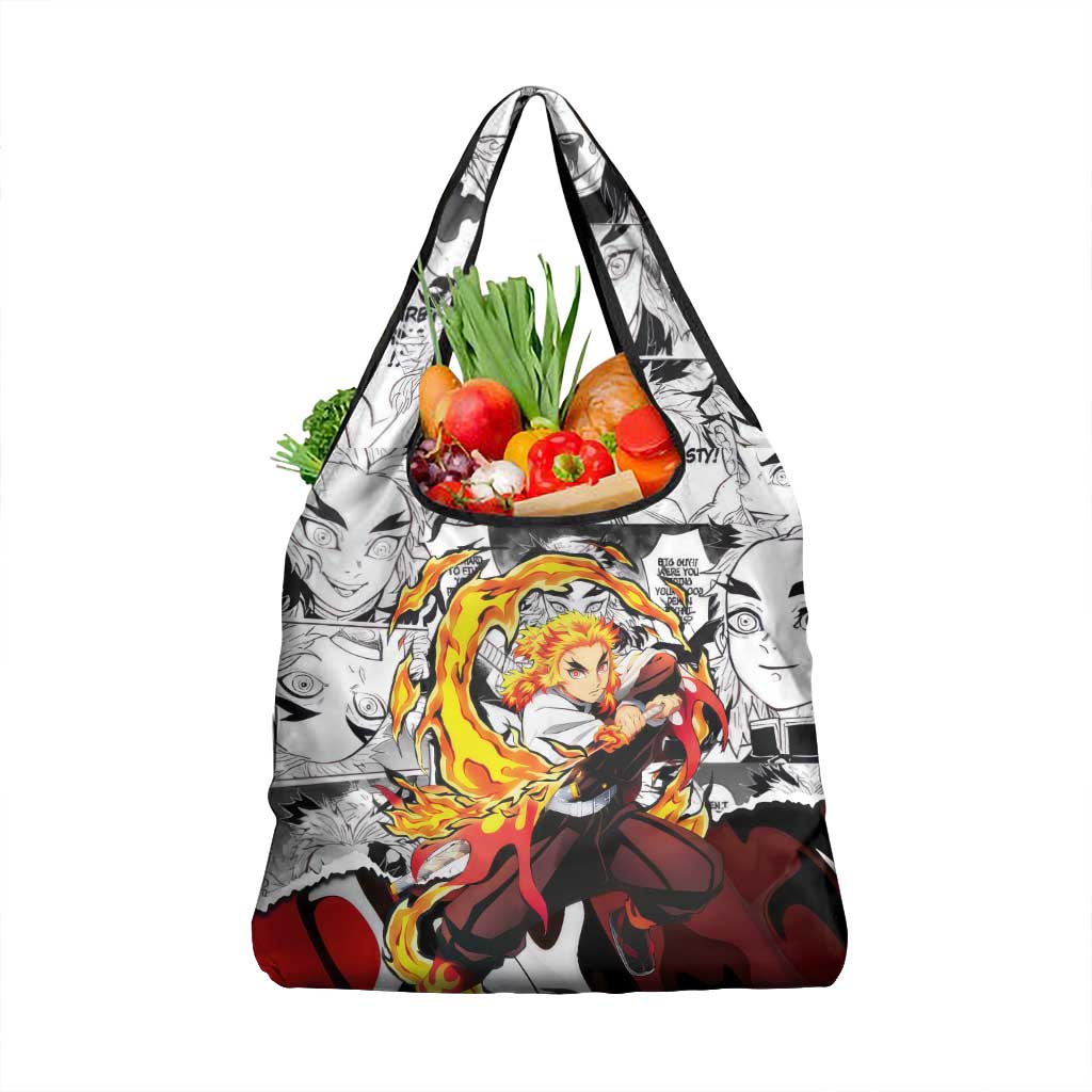 Kyojuro Rengoku Demon Slayer Flame Hashira Design Grocery Bag with Manga Panels and Fiery Sword Artwork - The Mazicc