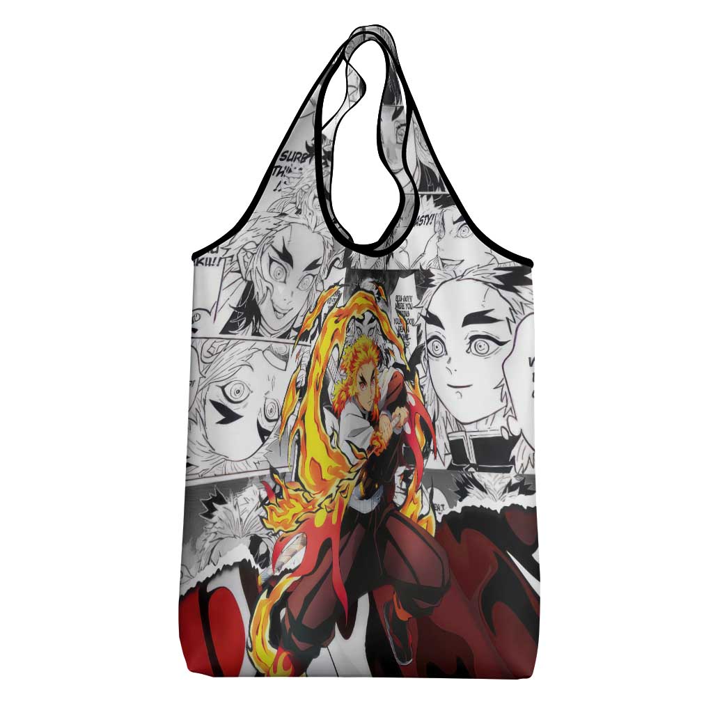 Kyojuro Rengoku Demon Slayer Flame Hashira Design Grocery Bag with Manga Panels and Fiery Sword Artwork - The Mazicc