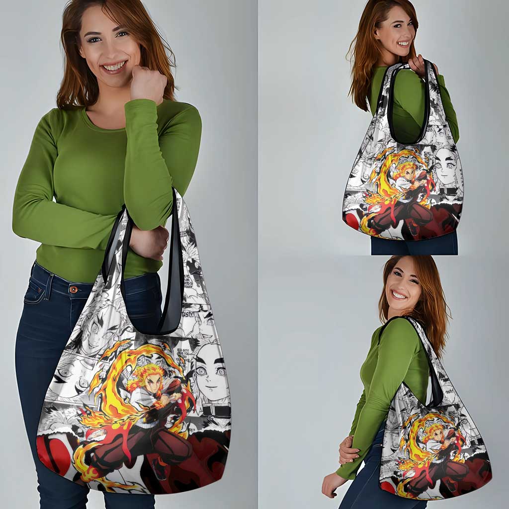 Kyojuro Rengoku Demon Slayer Flame Hashira Design Grocery Bag with Manga Panels and Fiery Sword Artwork - The Mazicc