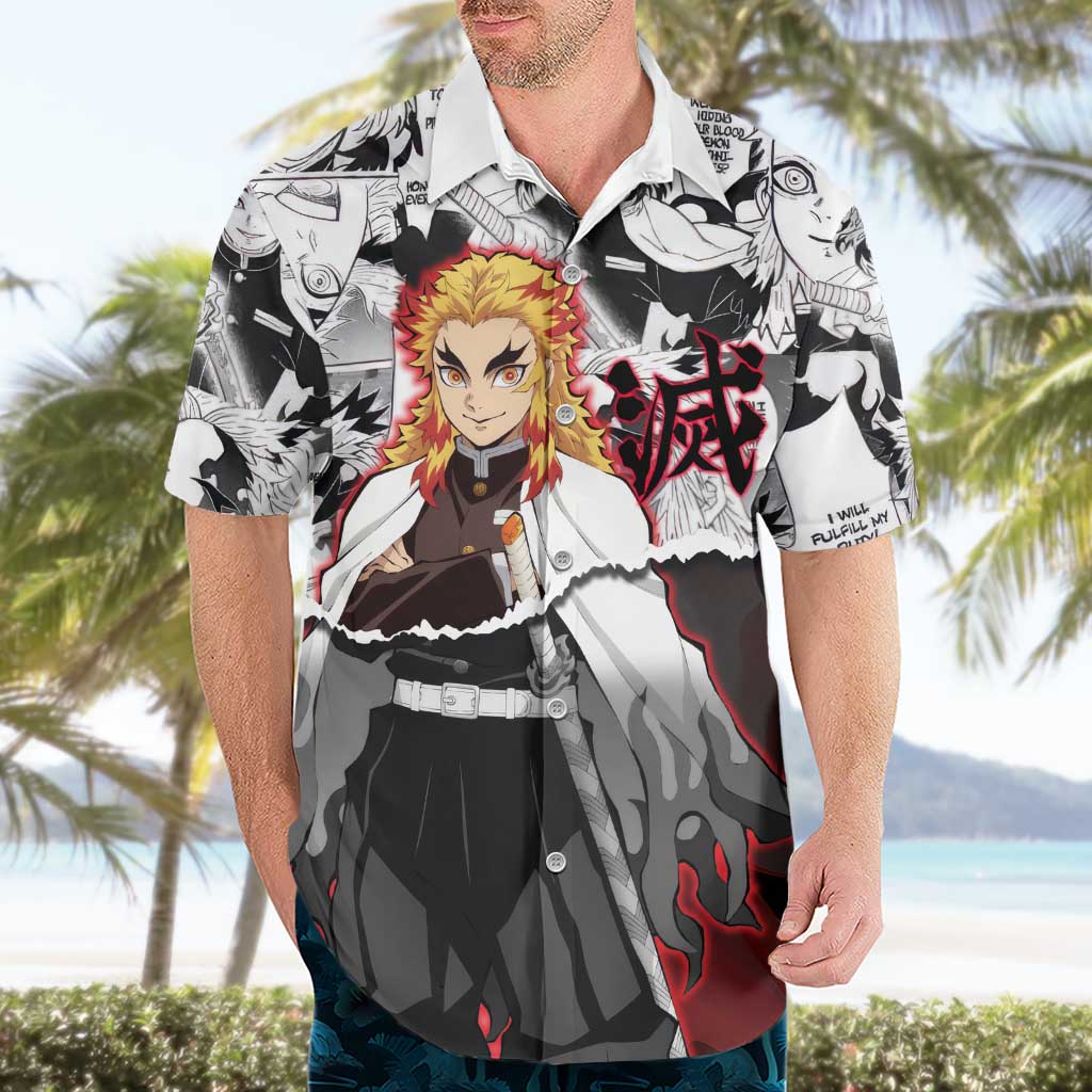 Kyojuro Rengoku Demon Slayer Flame Hashira Design Hawaiian Shirt with Manga Panels and Fiery Sword Artwork - The Mazicc