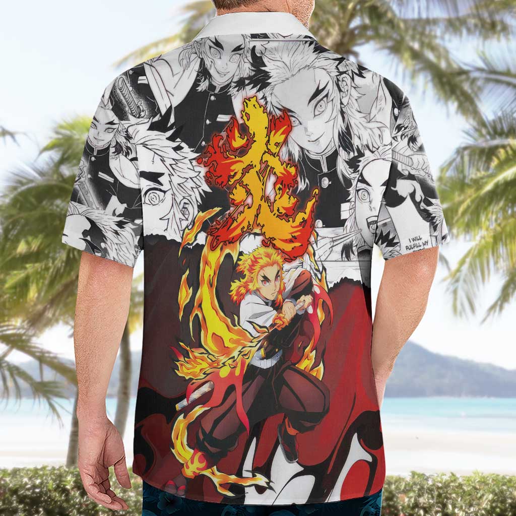 Kyojuro Rengoku Demon Slayer Flame Hashira Design Hawaiian Shirt with Manga Panels and Fiery Sword Artwork - The Mazicc