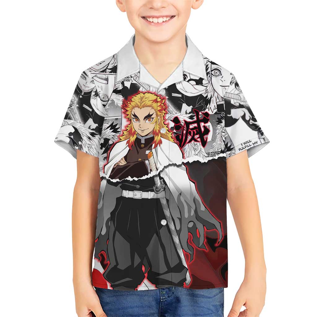 Kyojuro Rengoku Demon Slayer Flame Hashira Design Hawaiian Shirt with Manga Panels and Fiery Sword Artwork - The Mazicc