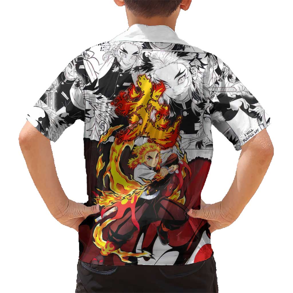 Kyojuro Rengoku Demon Slayer Flame Hashira Design Hawaiian Shirt with Manga Panels and Fiery Sword Artwork - The Mazicc