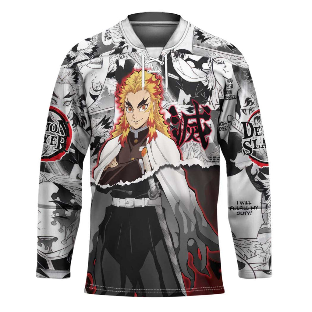 Kyojuro Rengoku Demon Slayer Flame Hashira Design Hockey Jersey with Manga Panels and Fiery Sword Artwork - The Mazicc