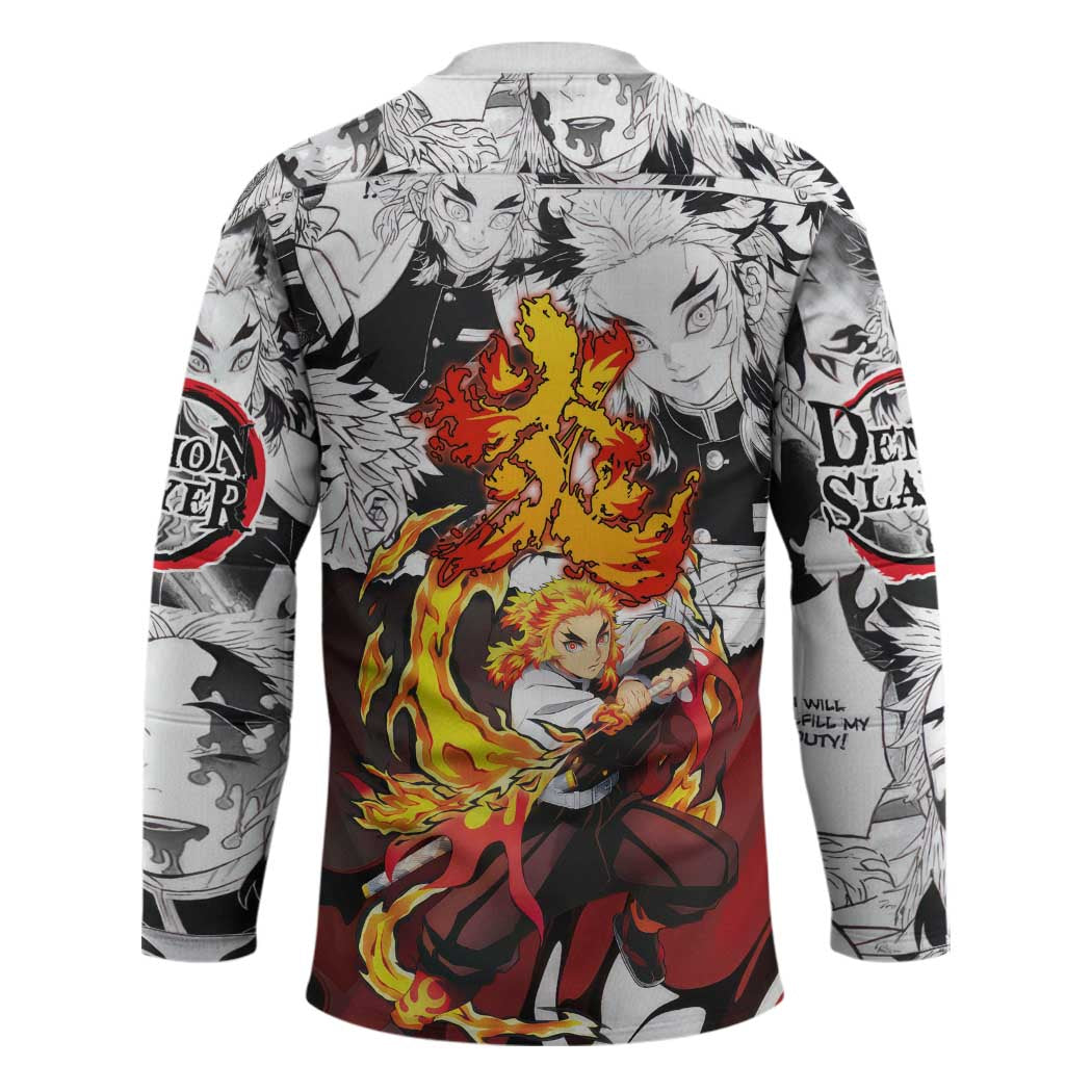 Kyojuro Rengoku Demon Slayer Flame Hashira Design Hockey Jersey with Manga Panels and Fiery Sword Artwork - The Mazicc