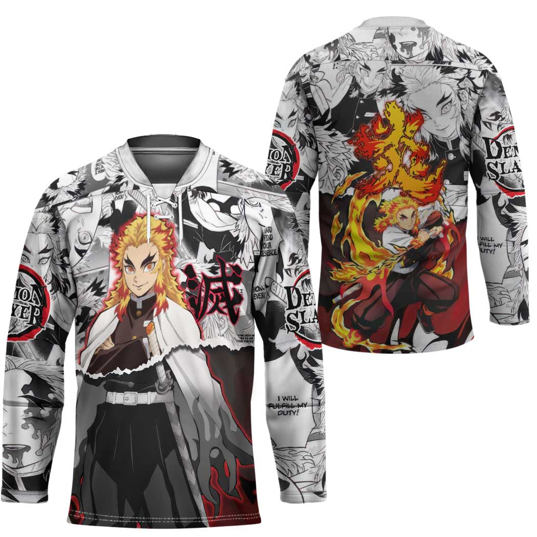 Kyojuro Rengoku Demon Slayer Flame Hashira Design Hockey Jersey with Manga Panels and Fiery Sword Artwork - The Mazicc