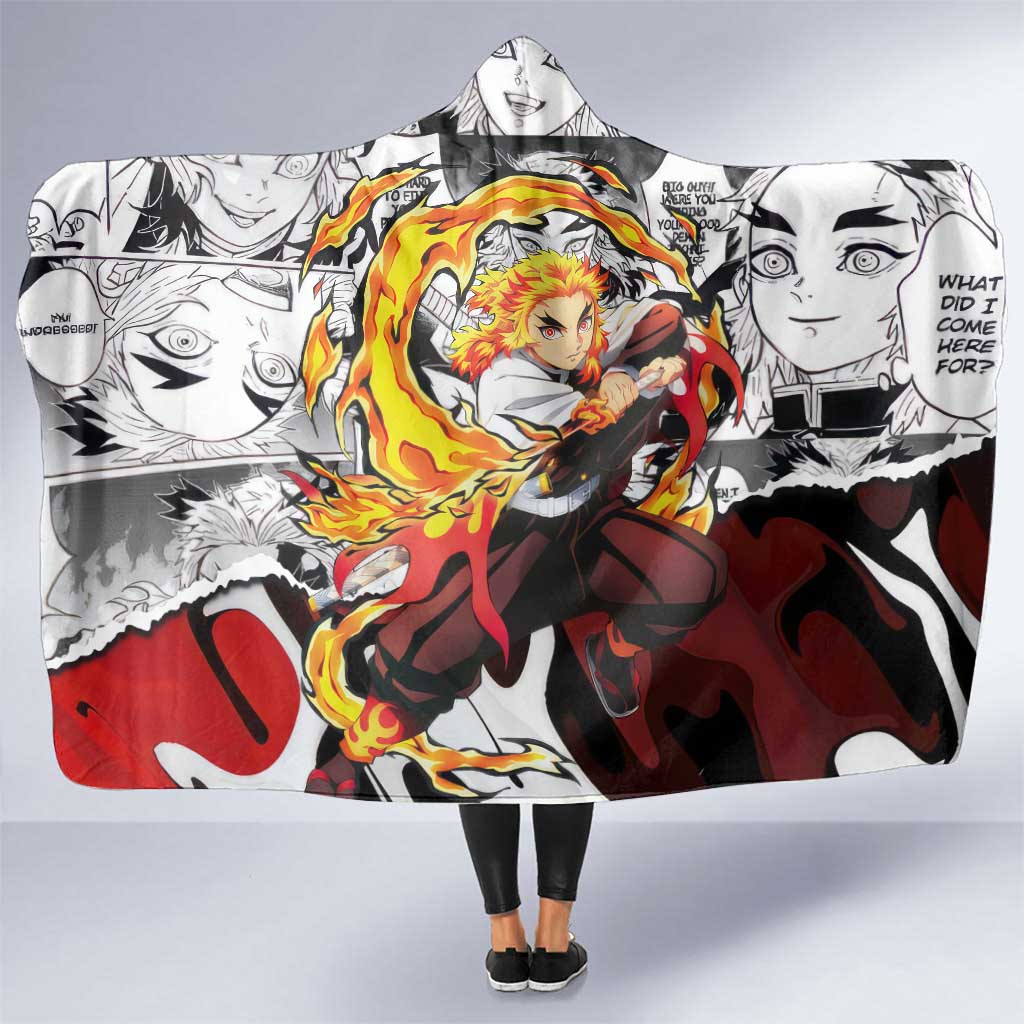 Kyojuro Rengoku Demon Slayer Flame Hashira Design Hooded Blanket with Manga Panels and Fiery Sword Artwork - The Mazicc