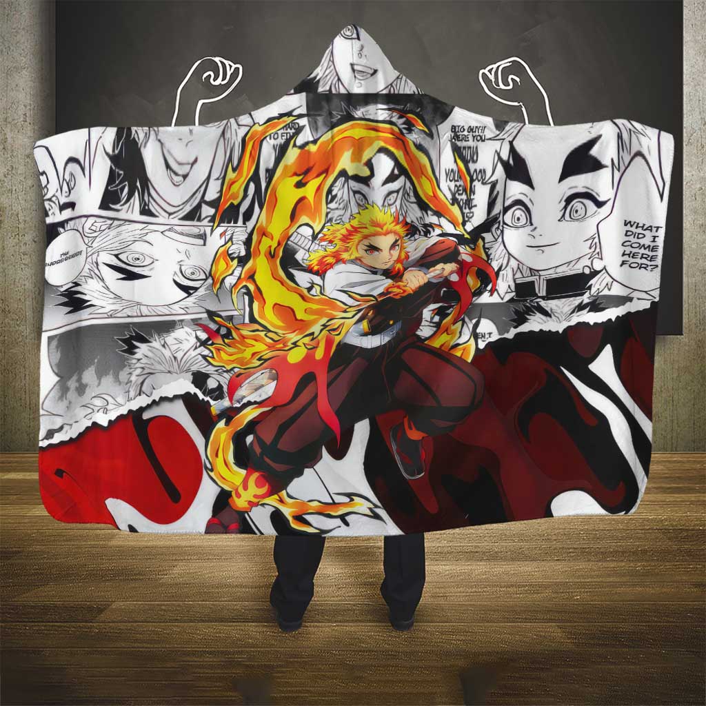 Kyojuro Rengoku Demon Slayer Flame Hashira Design Hooded Blanket with Manga Panels and Fiery Sword Artwork - The Mazicc