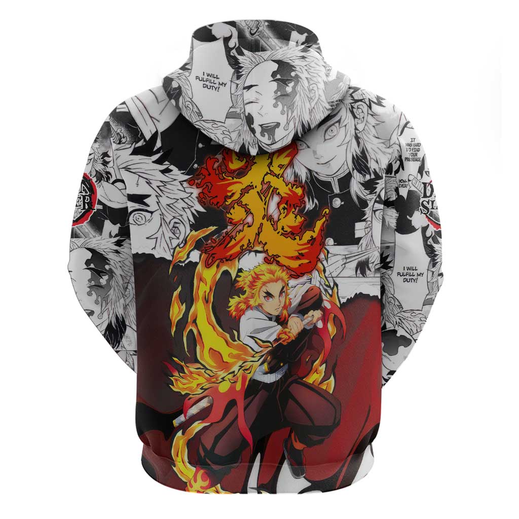 Kyojuro Rengoku Demon Slayer Flame Hashira Design Hoodie with Manga Panels and Fiery Sword Artwork - The Mazicc