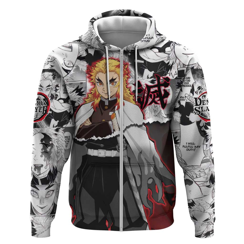 Kyojuro Rengoku Demon Slayer Flame Hashira Design Hoodie with Manga Panels and Fiery Sword Artwork - The Mazicc