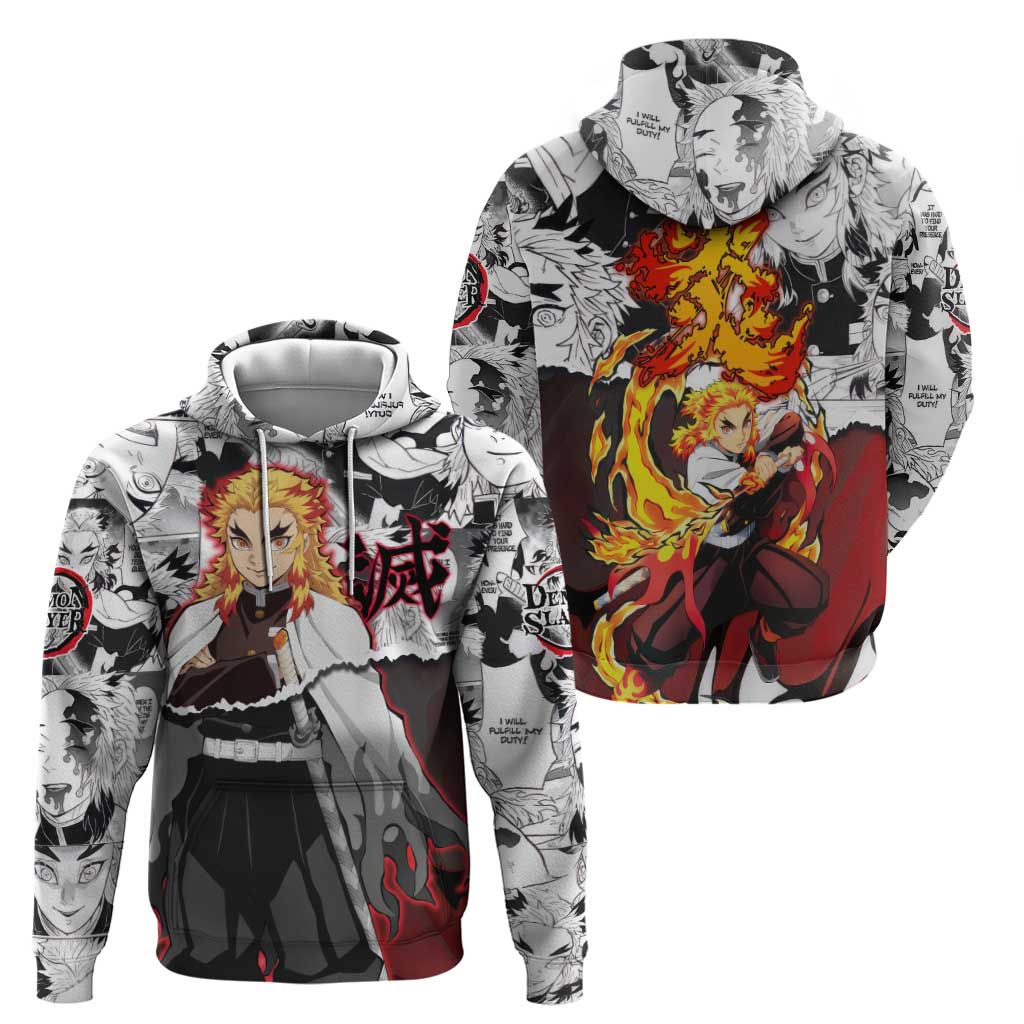 Kyojuro Rengoku Demon Slayer Flame Hashira Design Hoodie with Manga Panels and Fiery Sword Artwork - The Mazicc