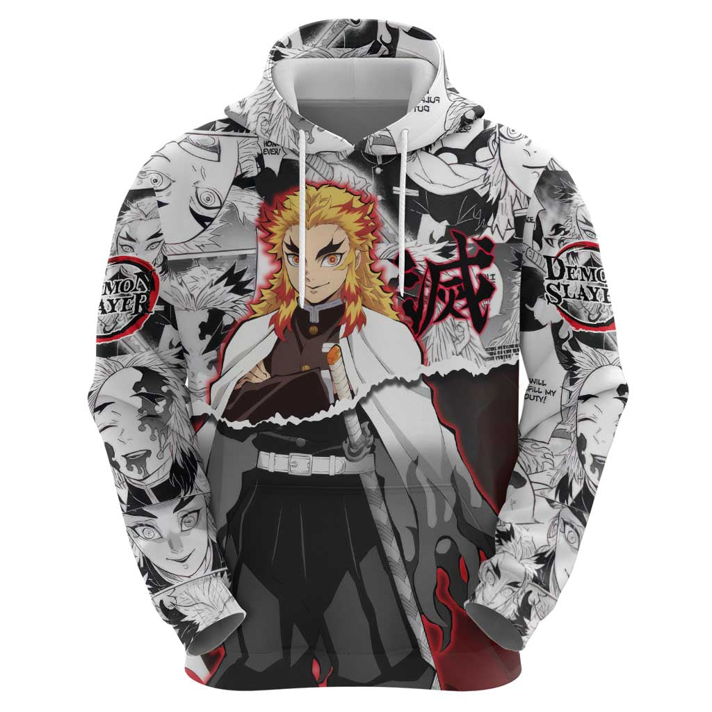 Kyojuro Rengoku Demon Slayer Flame Hashira Design Hoodie with Manga Panels and Fiery Sword Artwork - The Mazicc