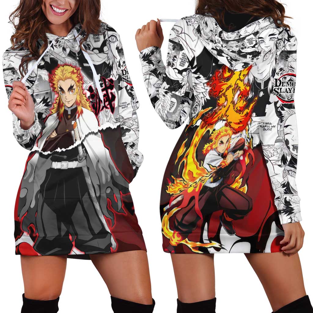 Kyojuro Rengoku Demon Slayer Flame Hashira Design Hoodie Dress with Manga Panels and Fiery Sword Artwork - The Mazicc