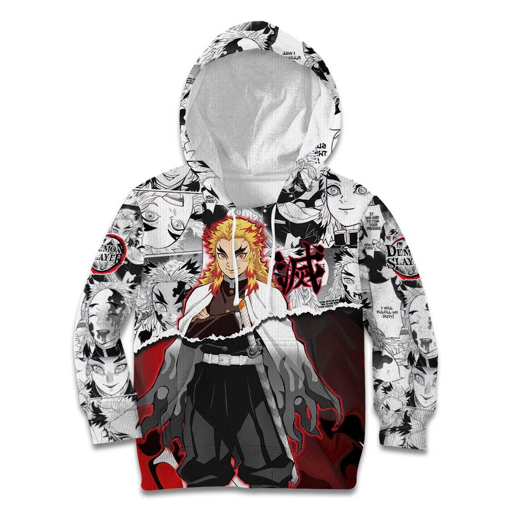 Kyojuro Rengoku Demon Slayer Flame Hashira Design Kid Hoodie with Manga Panels and Fiery Sword Artwork - The Mazicc