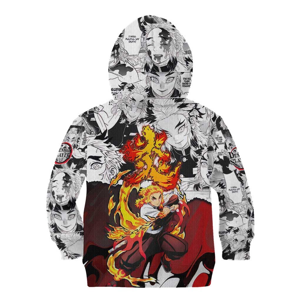 Kyojuro Rengoku Demon Slayer Flame Hashira Design Kid Hoodie with Manga Panels and Fiery Sword Artwork - The Mazicc
