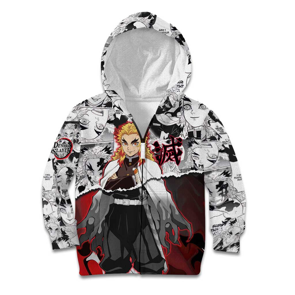 Kyojuro Rengoku Demon Slayer Flame Hashira Design Kid Hoodie with Manga Panels and Fiery Sword Artwork - The Mazicc