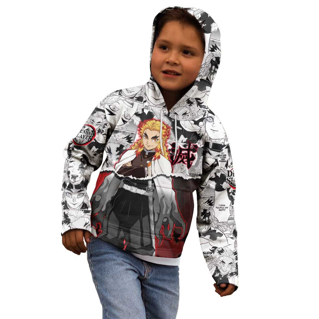 Kyojuro Rengoku Demon Slayer Flame Hashira Design Kid Hoodie with Manga Panels and Fiery Sword Artwork - The Mazicc