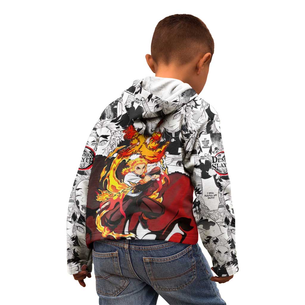 Kyojuro Rengoku Demon Slayer Flame Hashira Design Kid Hoodie with Manga Panels and Fiery Sword Artwork - The Mazicc